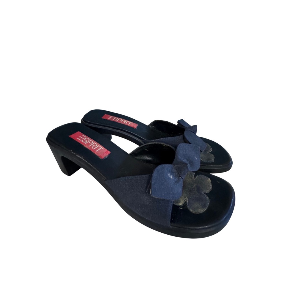 Esprit Wildflower Navy Blue Bow Platform Sandals Vintage 90s Block Heel 7.5
